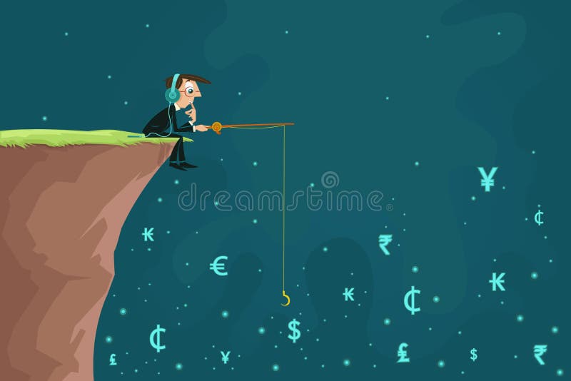 Affärsmanfiskevaluta royaltyfri illustrationer Affärsmanfiskevaluta royaltyfri illustrationer
