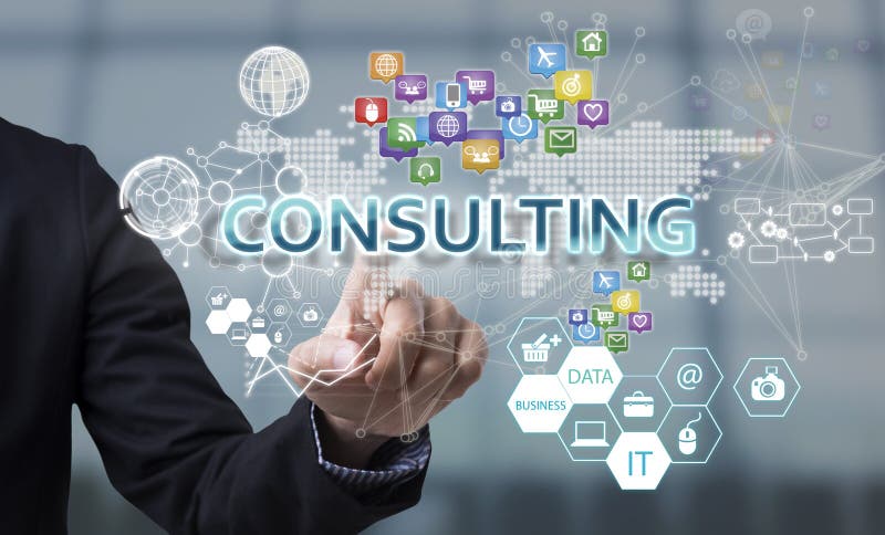 Businessman hand chooses Consulting wording on interface screen. internet technology service concept. Businessman hand chooses Consulting wording on interface screen. internet technology service concept.