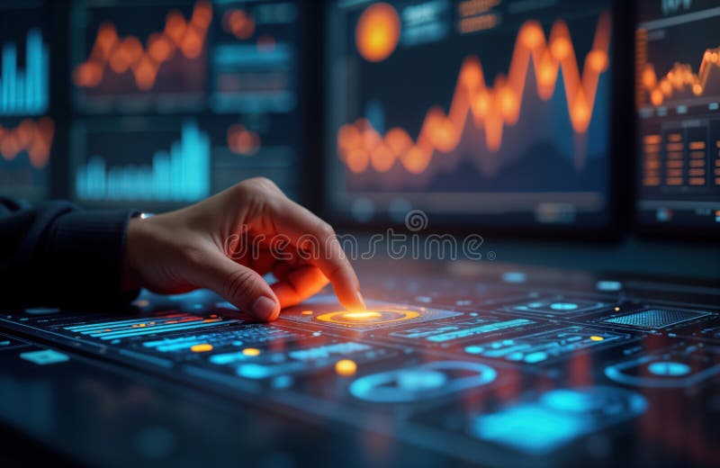Affärsmannen samverkar med futuristiska instrumentpaneler som visar ekonomiska dataanalyser. virtuellt gränssnitt visar diagrammåt royaltyfri illustrationer