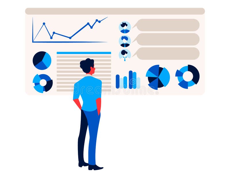 Affärsmannen ser rapportinfographics på grafen och diagrammet för kontorsdiagrambräde vektor illustrationer Affärsmannen ser rapportinfographics på grafen och diagrammet för kontorsdiagrambräde vektor illustrationer