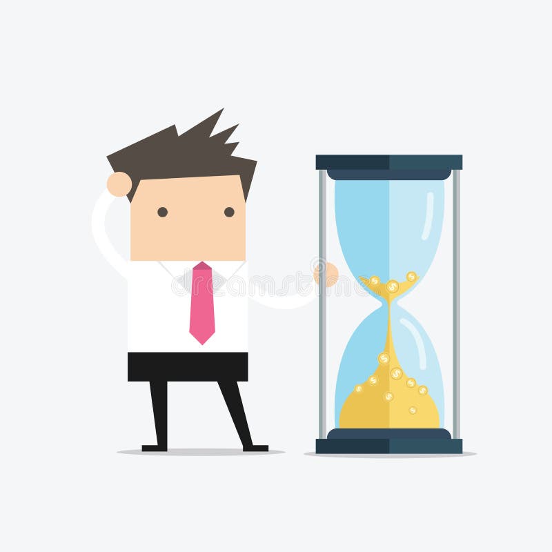 Affärsmannen ser timglaset med guld- mynt Time är pengar stock illustrationer Affärsmannen ser timglaset med guld- mynt Time är pengar stock illustrationer