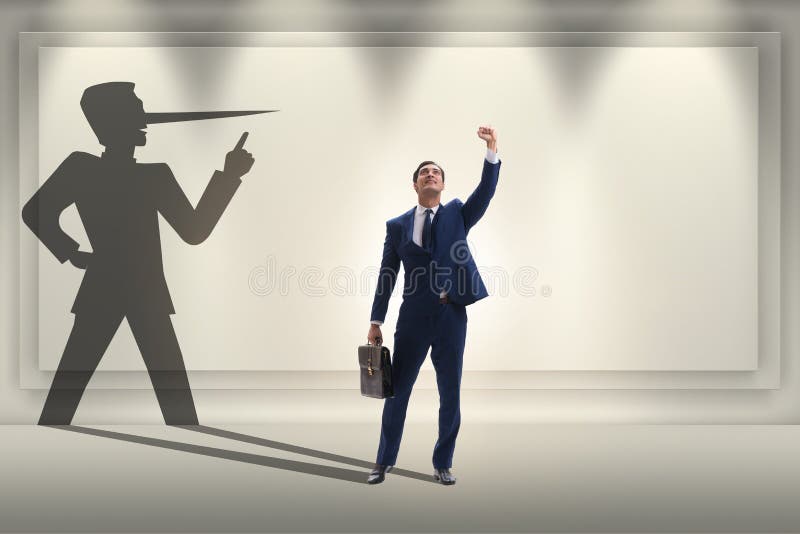 Concept of the businessman liar with his shadow. Concept of the businessman liar with his shadow