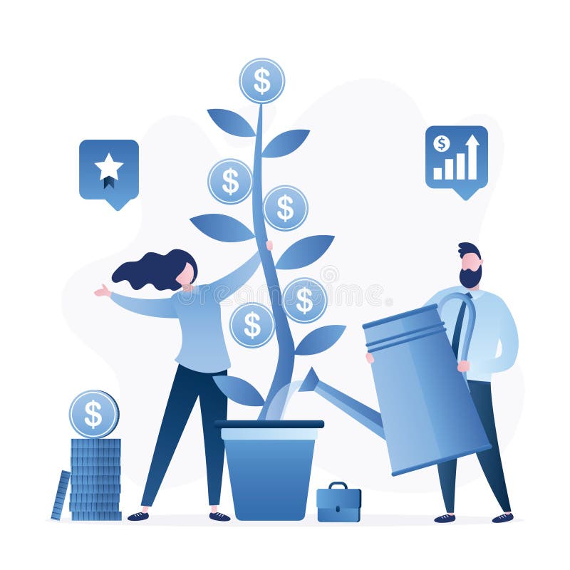 Affärsmannen står nära pott och håller pengaträd. Vattningsanläggning för manlig investerare. investeringsprocess för riskkapitalf stock illustrationer
