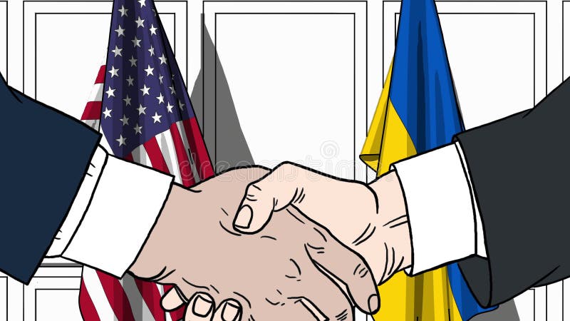 Aff?rsm?n eller politiker skakar h?nder mot flaggor av USA och Ukraina Officiellt m?te eller sl?kt tecknad film f?r samarbete stock illustrationer Aff?rsm?n eller politiker skakar h?nder mot flaggor av USA och Ukraina Officiellt m?te eller sl?kt tecknad film f?r samarbete stock illustrationer