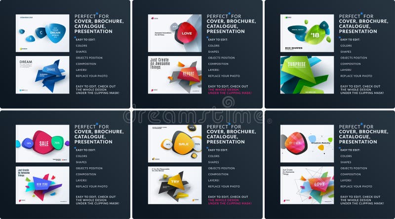 Affärsuppsättning av designbroschyren, abstrakt årsrapport, horisontalräkningsorientering, reklamblad i A4 med den färgglade vekt royaltyfri illustrationer Affärsuppsättning av designbroschyren, abstrakt årsrapport, horisontalräkningsorientering, reklamblad i A4 med den färgglade vekt royaltyfri illustrationer