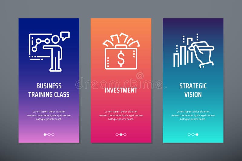 Affärsutbildningsgrupp, investering, vertikala kort för strategisk vision med starka metaforer stock illustrationer Affärsutbildningsgrupp, investering, vertikala kort för strategisk vision med starka metaforer stock illustrationer