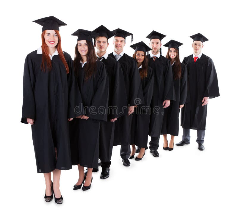 Graduate students standing in row. Isolated on white. Graduate students standing in row. Isolated on white