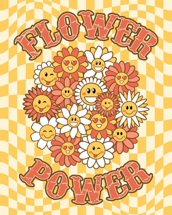 Afiche de la flor en estilo retro con caras sonrientes. Afiche retro con el poder de la flor del eslogan. flores de margarita mugrientas con caras sonrientes en un fondo a cuadros. ilustración vectorial en estilo retro para ropa textil de impresión de camisetas y diseño de afiches