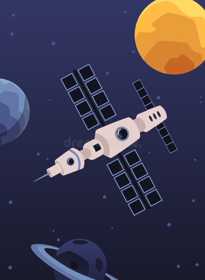  Afiche De Una Estación Espacial Satelital Con Una Nave Espacial Con Dibujos Animados Planos Que Sobrevuela El Cielo Nocturno Ilustración del Vector