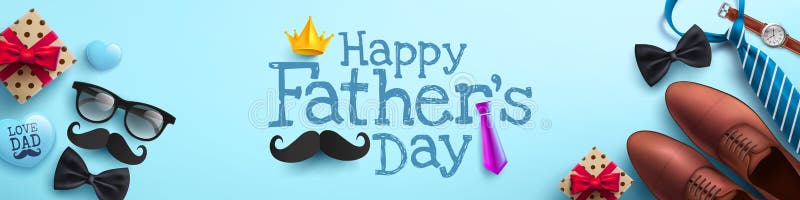 Afiche del día del padre feliz o plantilla de banner con lentes de corbata y caja de regalo ilustración del vector