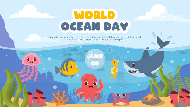 World ocean day poster. Octopus, shark and fish near reefs and corrals. Underwater dwellers with flora and fauna. Crab and sea horse. Landing webpage design. Cartoon flat vector illustration. World ocean day poster. Octopus, shark and fish near reefs and corrals. Underwater dwellers with flora and fauna. Crab and sea horse. Landing webpage design. Cartoon flat vector illustration