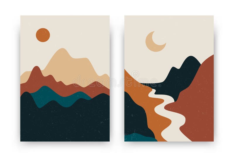 Afiches paisajísticos abstractos. fondo boho contemporáneo puesta de sol luna moderna montañas decoración minimalista de pared. im