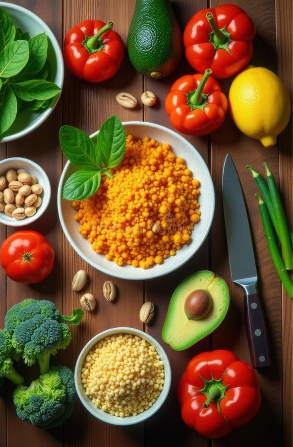 Afisare vibranta a legumelor proaspete si a ingredientelor pe un bol de suprafata din lemn rustic de cuscus avocado broccoli de la royalty free stock photography