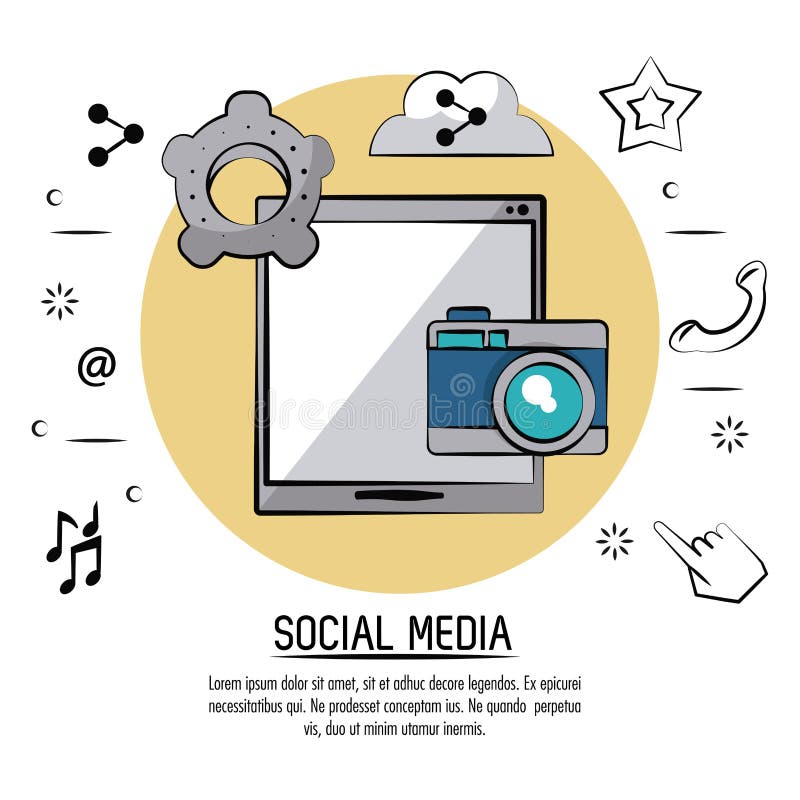 Afișaj colorat al suporturilor sociale cu dispozitiv tabletă în cerc bej și imagini cu cameră și setări cu legătură între nori stock illustration