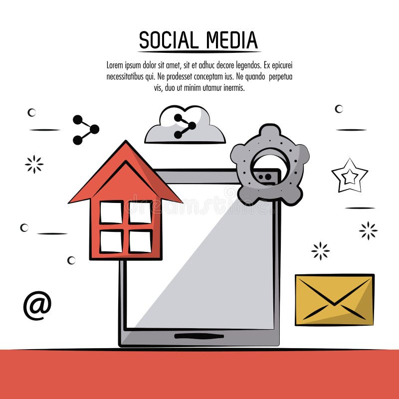 Afișaj colorat al suporturilor sociale cu dispozitiv tabletă și pictograme ale legăturii și ale setărilor de acasă și de tip cloud royalty free illustration