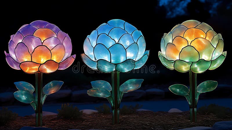 Afișaj cu lumini de grădină cu flori din sticlă iluminată. Trei lămpi cu floare de sticlă iluminată stau noaptea într-o grădină creând un afișaj frumos