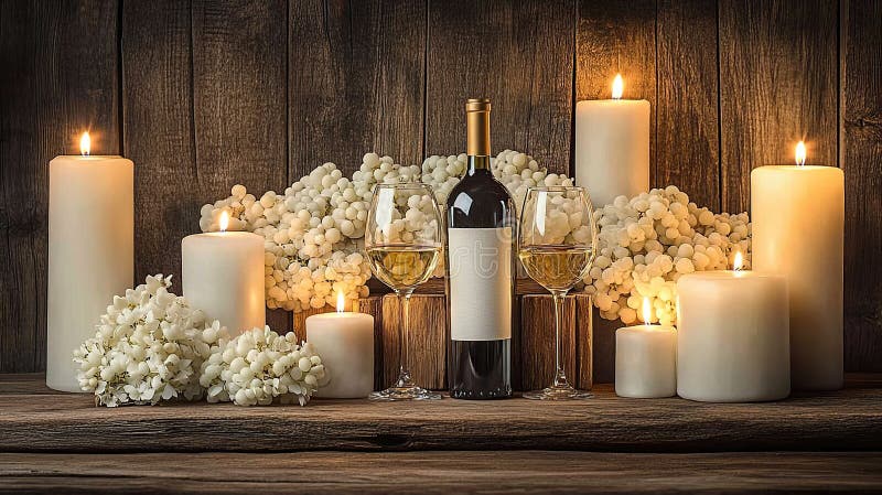 Afișaj elegant cu vinuri și lumânări stock photos