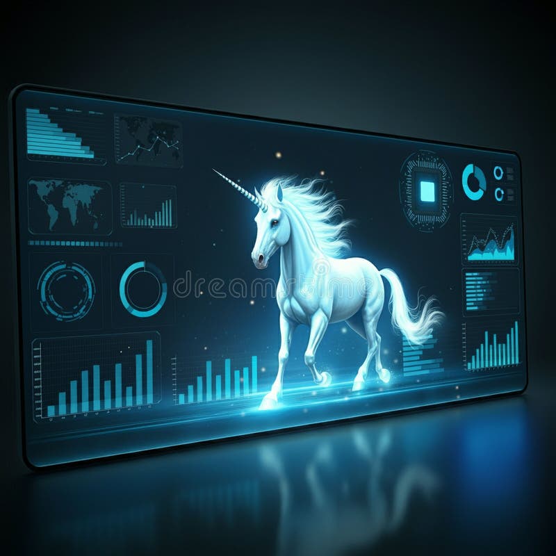 Afișaj holografic futurist cu un unicorn digital strălucind într-o nuanță albastră. stock illustration