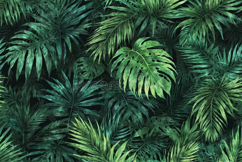 Afișaj vibrant al frunzișului tropical cu diferite frunze verzi luxuriante într-un cadru dens al pădurii stock illustration