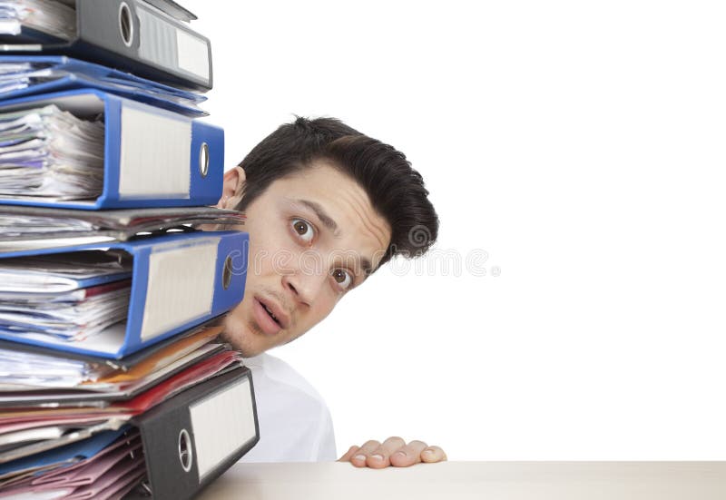 Afraid businessman with folders royalty free stock photos