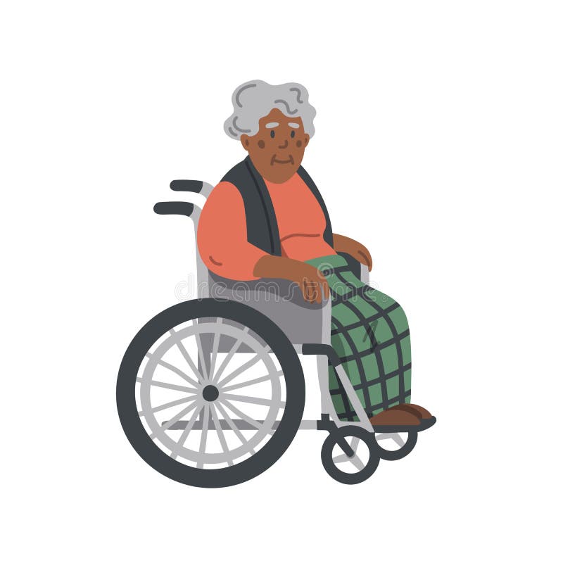 Grandmother sitting on wheelchair on white background. 