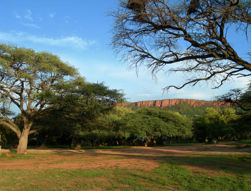 Camp in forest at the base of rocky mountains in Namibia, Africa. Camp in forest at the base of rocky mountains in Namibia, Africa