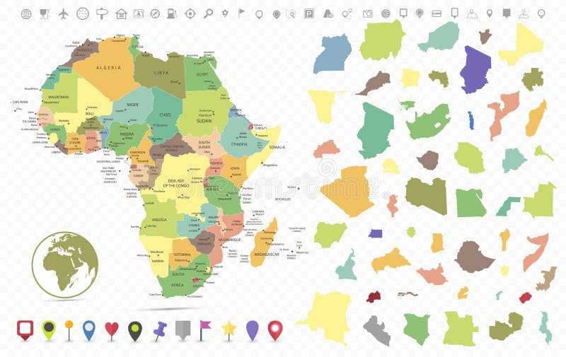 Africa political map isolated on transparent background and flat map pointers with separated layers stock illustration