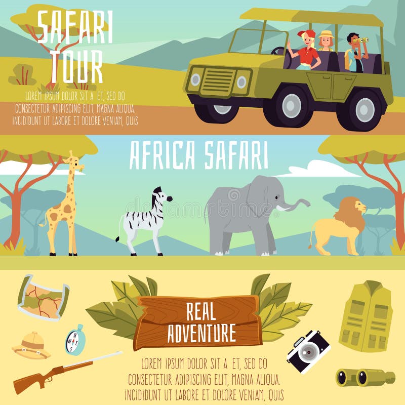Africa Safari Tour Banner Set - Cartoon People on African Expedition Stock  Vector - Illustration of guided, lion: 198390265