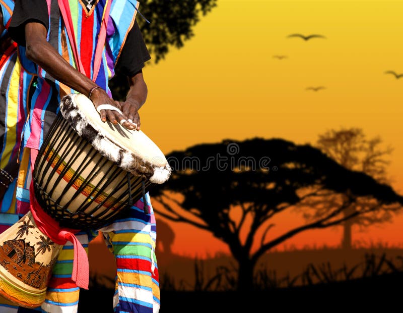 African man with bongo on sunset landscape. Folklore costumes stock images, royalty-free photos and pictures