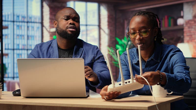 African American angry people struggling to work with internet lag issues royalty free stock photo