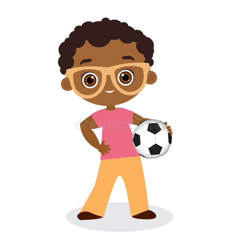 African American boy with glasses. Kid playing football. Vector illustration eps 10 isolated on white background. Flat cartoon style