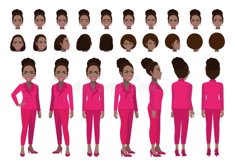 African American Businesswoman cartoon character head set and animation design. Front, side, back, 3-4 view