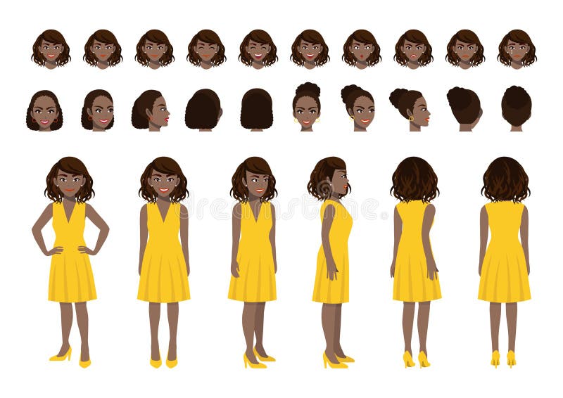 African American Businesswoman cartoon character head set and animation design. Front, side, back, 3-4 view