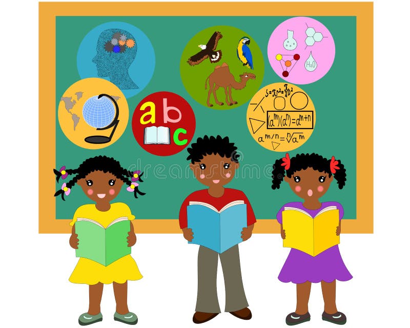 African-American children with books in their hands near board royalty free illustration African-American children with books in their hands near board royalty free illustration