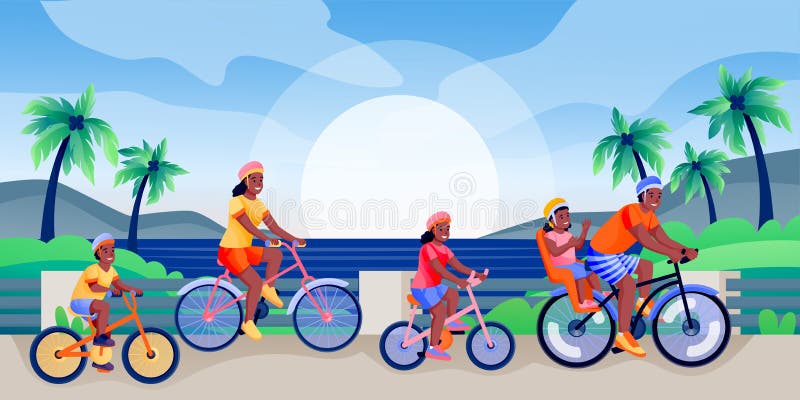 African american family with three children rides bicycles. Father, mother, boy, girl have summer cycling trip. Vector flat cartoon characters illustration. Family sport activities, leisure lifestyle. African american family with three children rides bicycles. Father, mother, boy, girl have summer cycling trip. Vector flat cartoon characters illustration. Family sport activities, leisure lifestyle