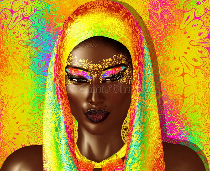 African American Fashion Beauty with head veil and glitter cosmetics