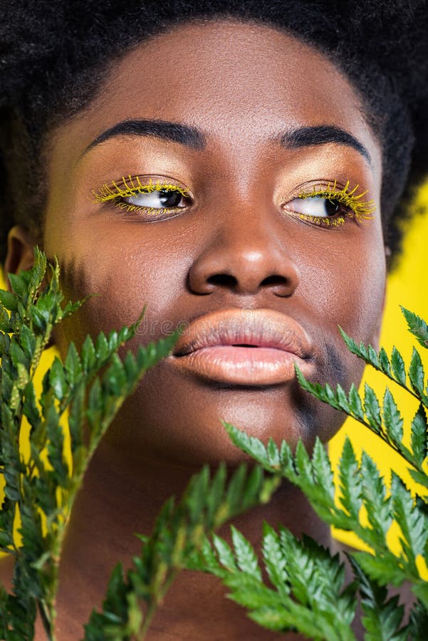 African American Girl With Green Fern Isolated On Yellow Stock Image Image Of Plant Model