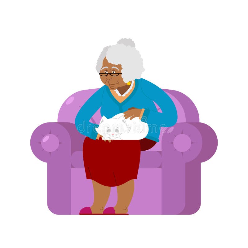 African American Grandmother and Cat Sitting on Chair. Granny Ca Stock ...