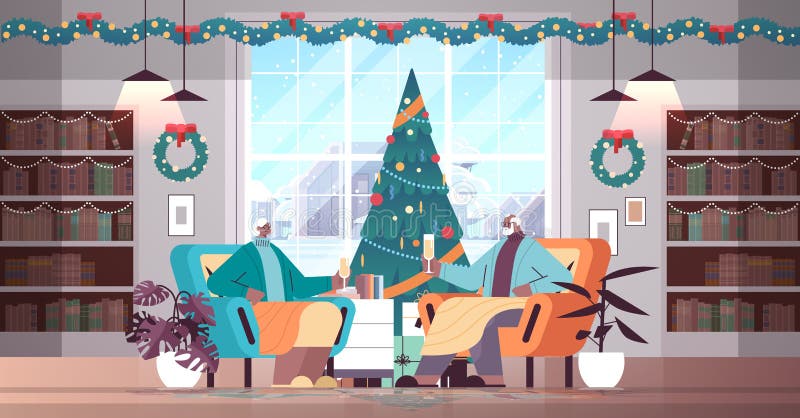 african american grandparents in santa hats drinking champagne senior people celebrating new year christmas holidays living room interior full length horizontal vector illustration