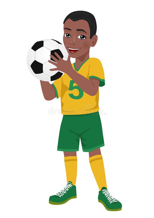 African american little boy soccer player in yellow green uniform holds a ball