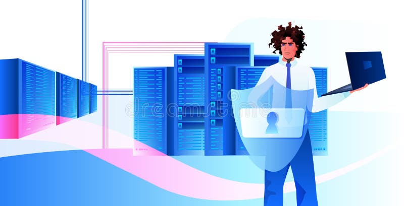 African american man engineer using laptop database server protection big data privacy security concept vector illustration