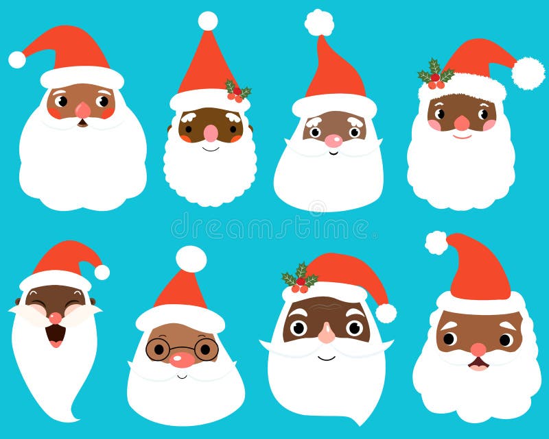 Cute African American Santa Claus faces for Christmas and holiday graphic design stock illustration Cute African American Santa Claus faces for Christmas and holiday graphic design stock illustration