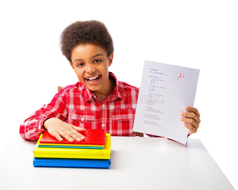 African American school boy with A grade test