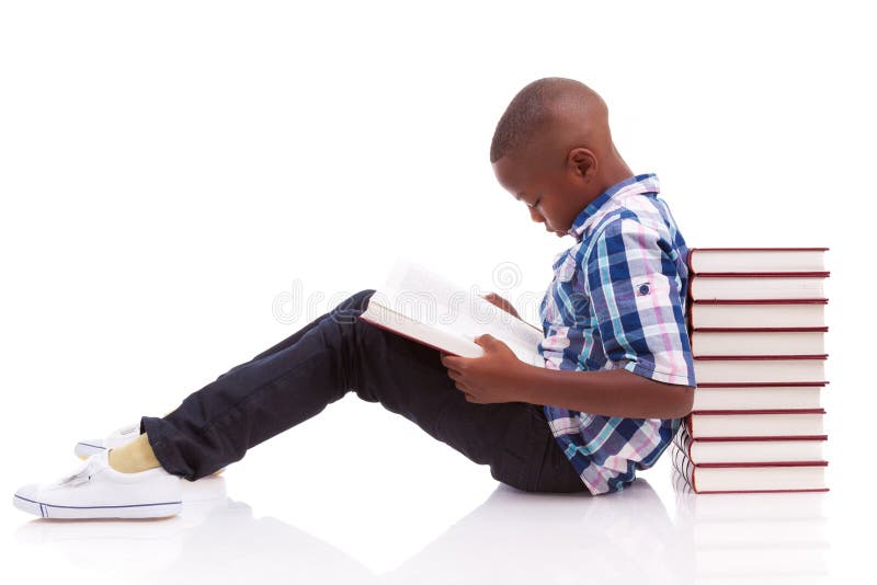 African American school boy reading a book - Black people