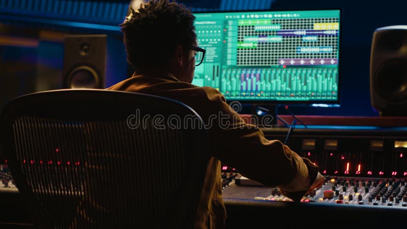 African american sound designer per l'editing di registrazioni audio in sala di controllo immagini stock libere da diritti