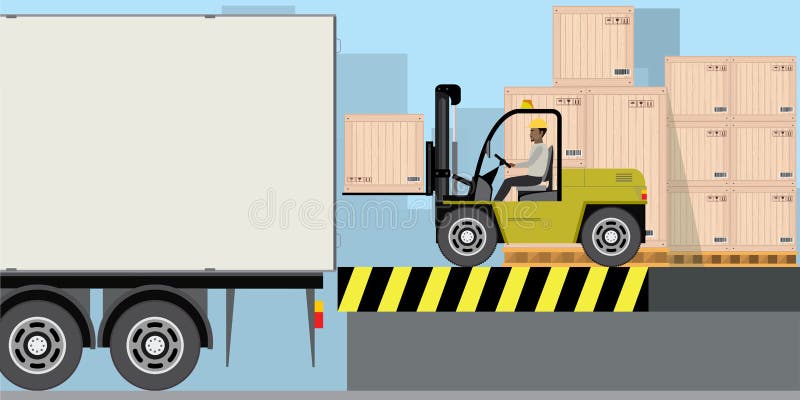 African american warehouse worker loading wooden boxes in long truck. Stack of boxes, Forklift driver at work in storehouse,flat vector illustration. Stack vehicle vectors