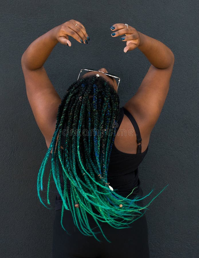 African American Woman with Beautiful Teal Green Blue Braids Stock