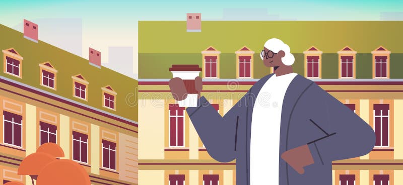 african american woman drinking coffee senior lady having coffee break cityscape background horizontal portrait vector illustration