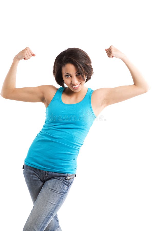 An isolated shot of an african american woman flexing her arms showing her muscle. An isolated shot of an african american woman flexing her arms showing her muscle