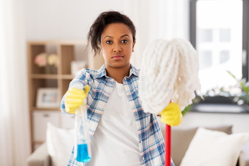 African American Woman With Mop Cleaning At Home Stock Image Image Of